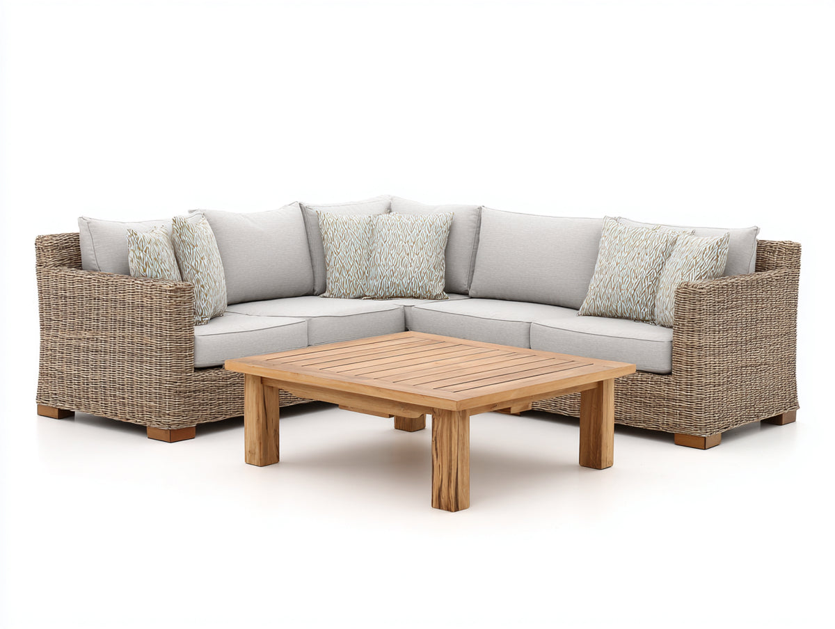 Gartensofa Polyrattan 240x240x82 cm - Naturbraun-Cremeweiß - Ecksofa mit Holztisch für Terrasse und Garten
