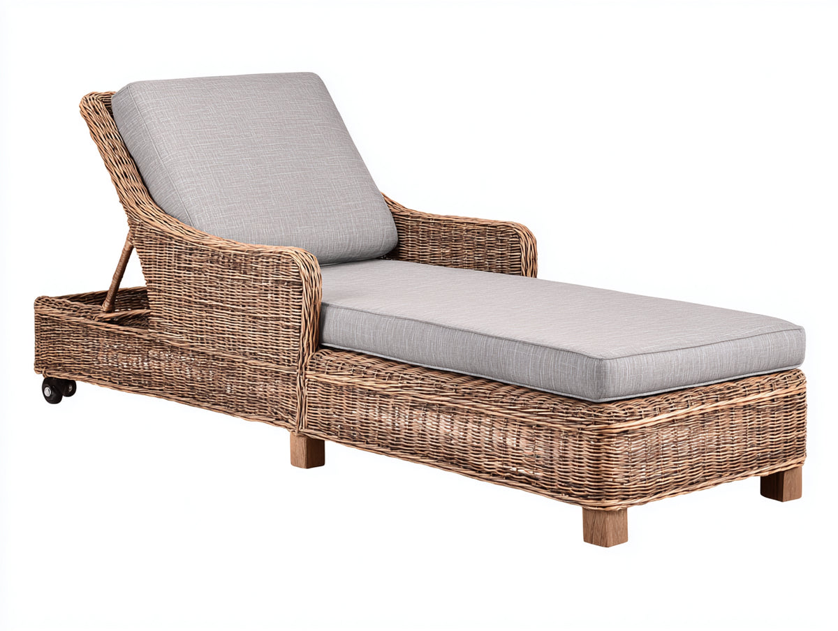 Sonnenliege Polyrattan 200x75x98 cm - Naturbraun-Hellgrau - Verstellbare Gartenliege mit Armlehnen und Rädern