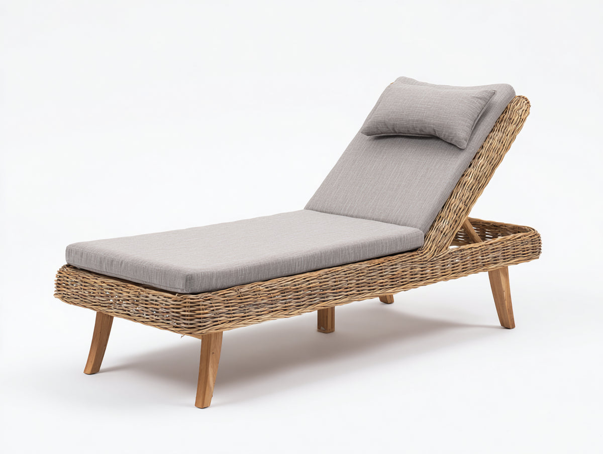 Sonnenliege Polyrattan 198x72x92 cm - Naturbraun-Hellgrau - Verstellbare Gartenliege mit gepolsterter Auflage