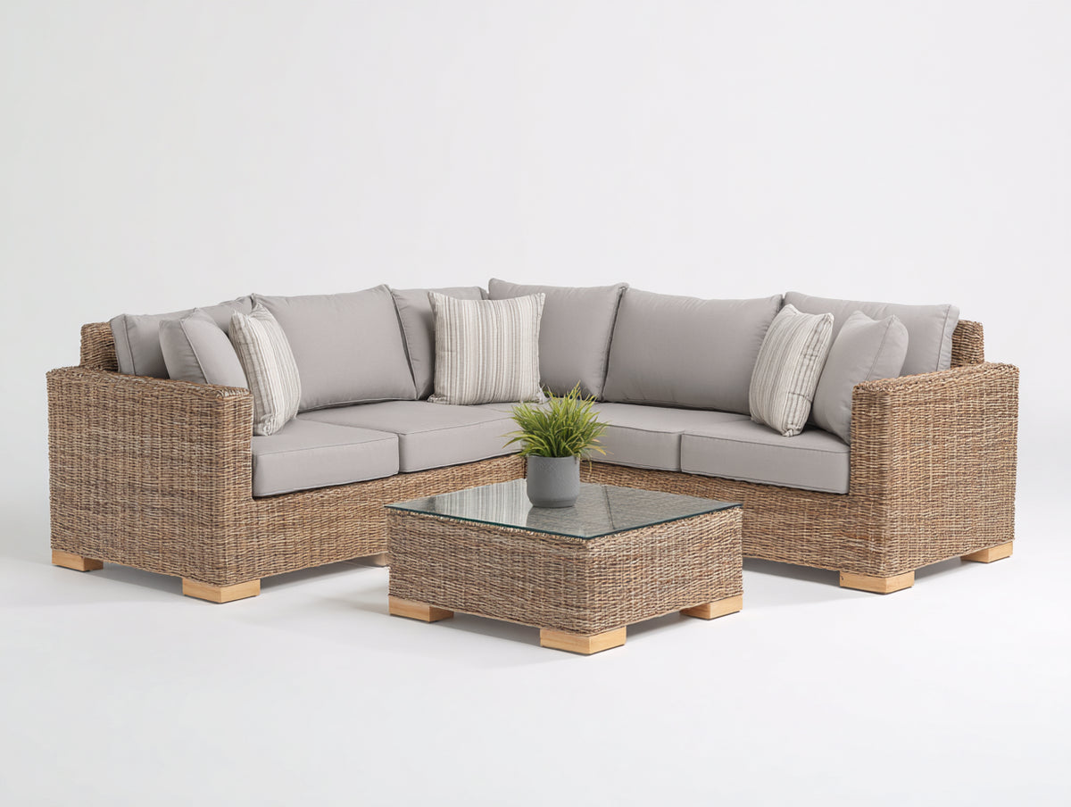 Gartensofa Polyrattan L Form 240 x 240 x 70 cm Grau-Holzfarbe Moderne Lounge Sitzgruppe mit Couchtisch für Garten Terrasse und Außenbereich