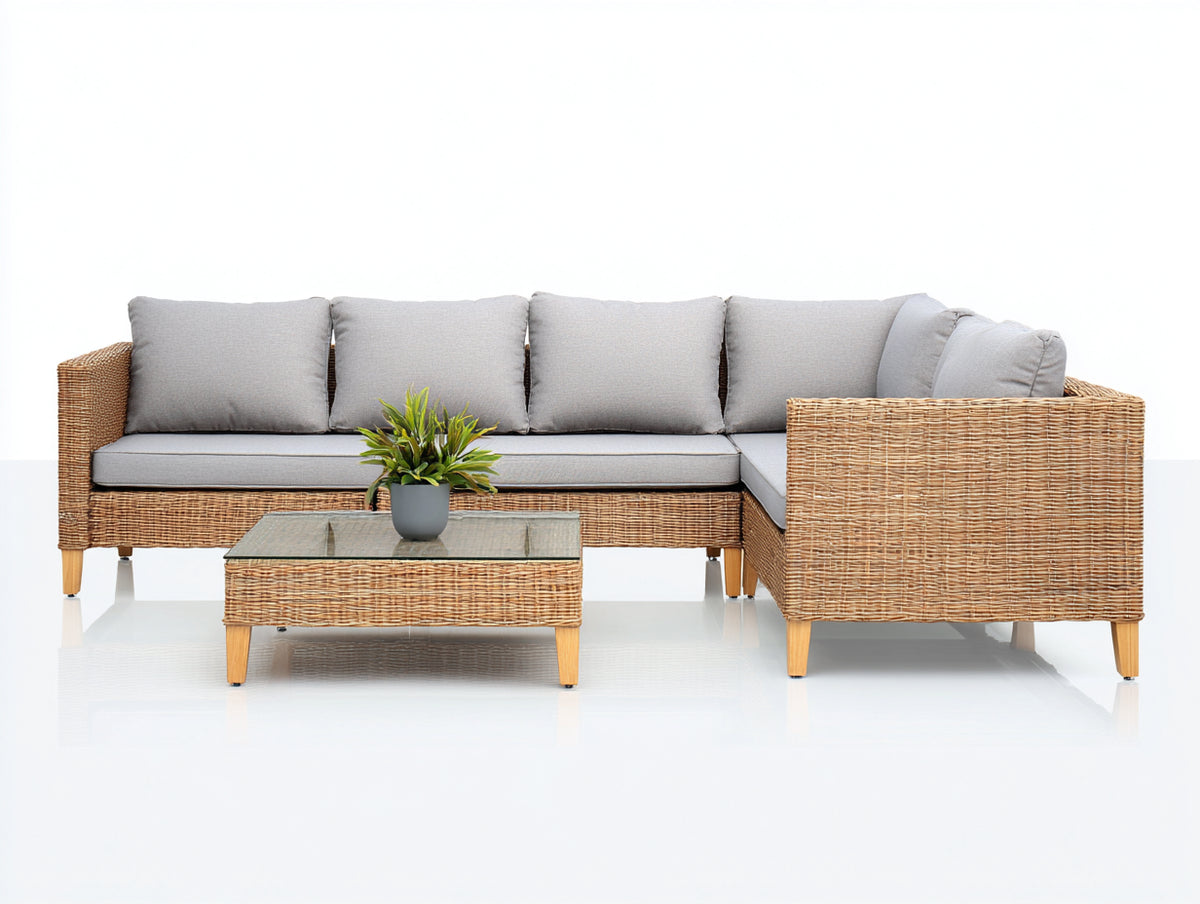 Gartensofa Polyrattan 320x240x75 cm Holzfarbe-Grau mit Ecksofa und Couchtisch modernes Outdoor Lounge Set
