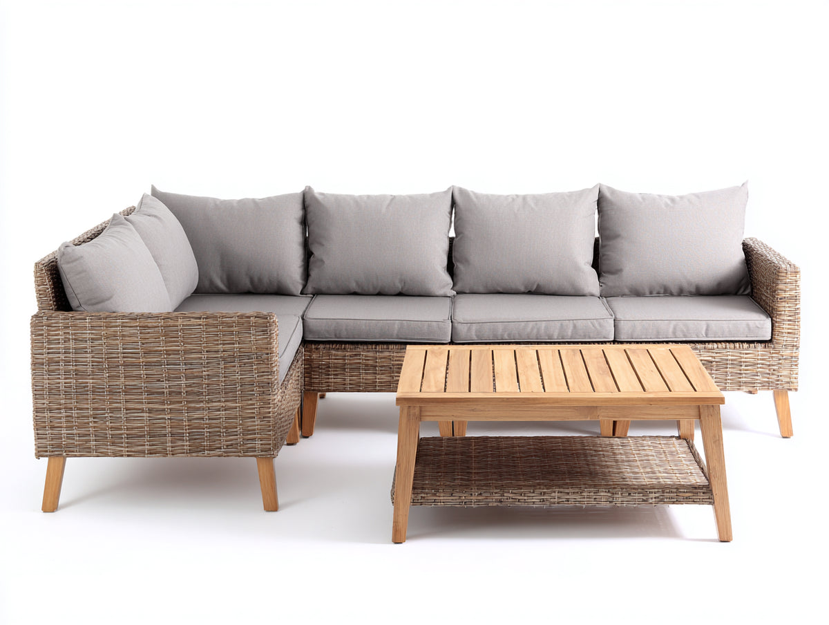 Gartensofa 260x260x76 cm - Polyrattan in Naturholzoptik mit grauen Polstern - modernes Ecksofa für Garten