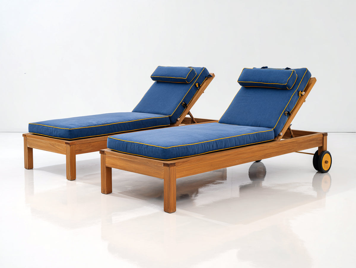 Sonnenliege Holz 200 x 70 x 35 cm Blau 2er Set Gartenliege mit verstellbarer Rückenlehne Polsterauflage und Rollen für Terrasse Balkon und Außenbereich