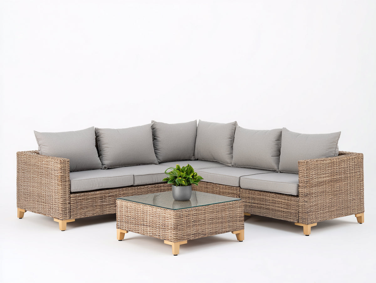 Gartensofa Polyrattan 260x260x76 cm - grau und Holzfarbe - modernes Design für den Außenbereich