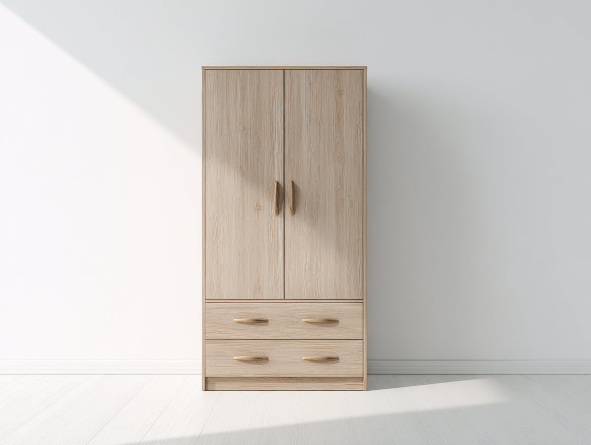 Kleiderschrank Holzwerkstoff 120 x 50 x 200 cm Naturfarben Moderner Schrank mit 2 Türen und 2 Schubladen